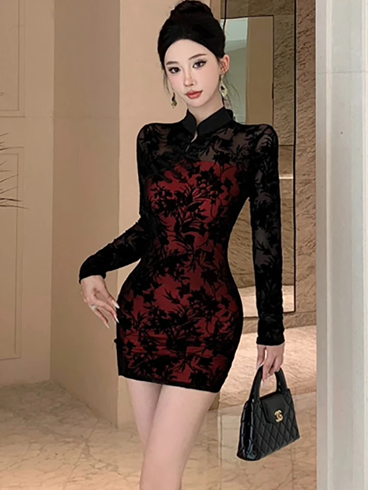 2024 vermelho retalhos preto malha pura sexy clube vestido feminino elegante falso duas peças mini dreess outono inverno coreano vestido de noite