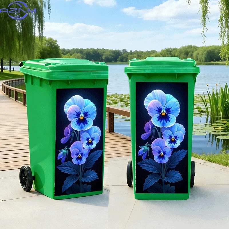 [2D Flat Printing]1pc Trash Can Sticker[Title Has Been Translated, Do Not Change] Blue-Purple Tricolor Pansy Theme Design Wall