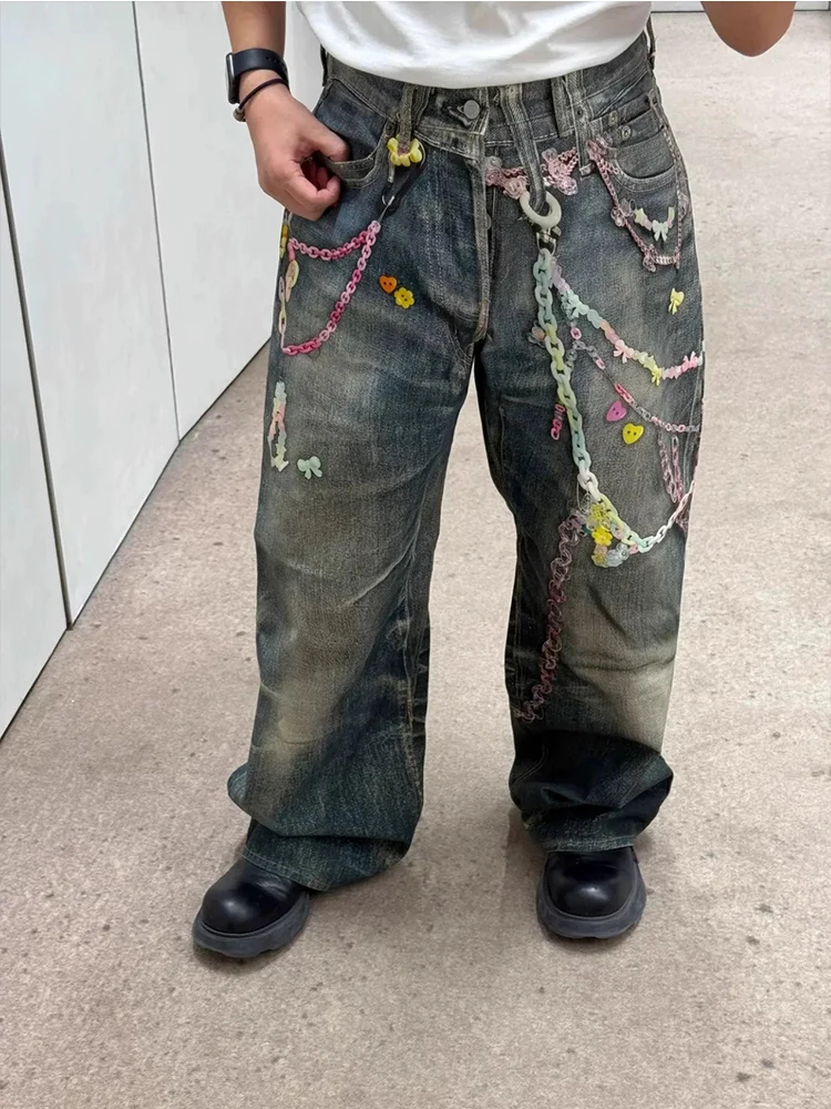 

Blue Washed Candy Chain Print Loose Straight Casual Jeans Men's Fashion Trendy Drawstring Waist Denim Pants Casual Wear