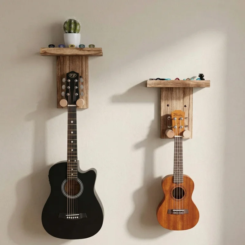 1-2Pack Wooden Guitar Wall Mount Rack with Pick Holder Shelf And Hook - Suitable for Acoustic Electric Basses And Ukuleles