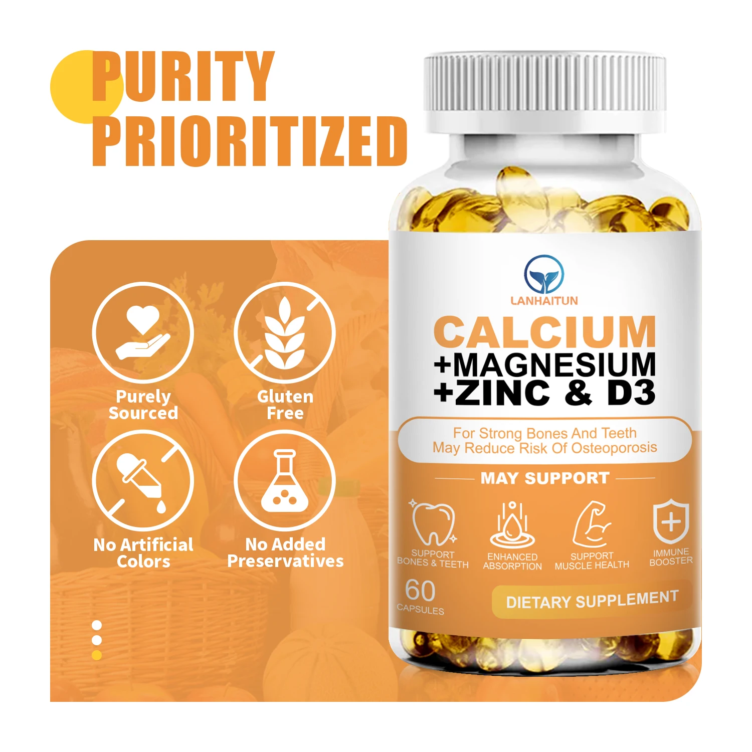 LANHAITUN Calcium Magnesium Zinc Capsule 1555mg - Vitamin/Mineral Mixed Supplement - with Vitamin D3, for Bones & Teeth Care