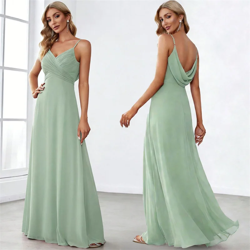 A Line Lace Chiffon Elegant Pleat Spaghetti Straps Bridesmaid Dresses Evening Wedding Party Formal Prom Cocktail Zipper Back