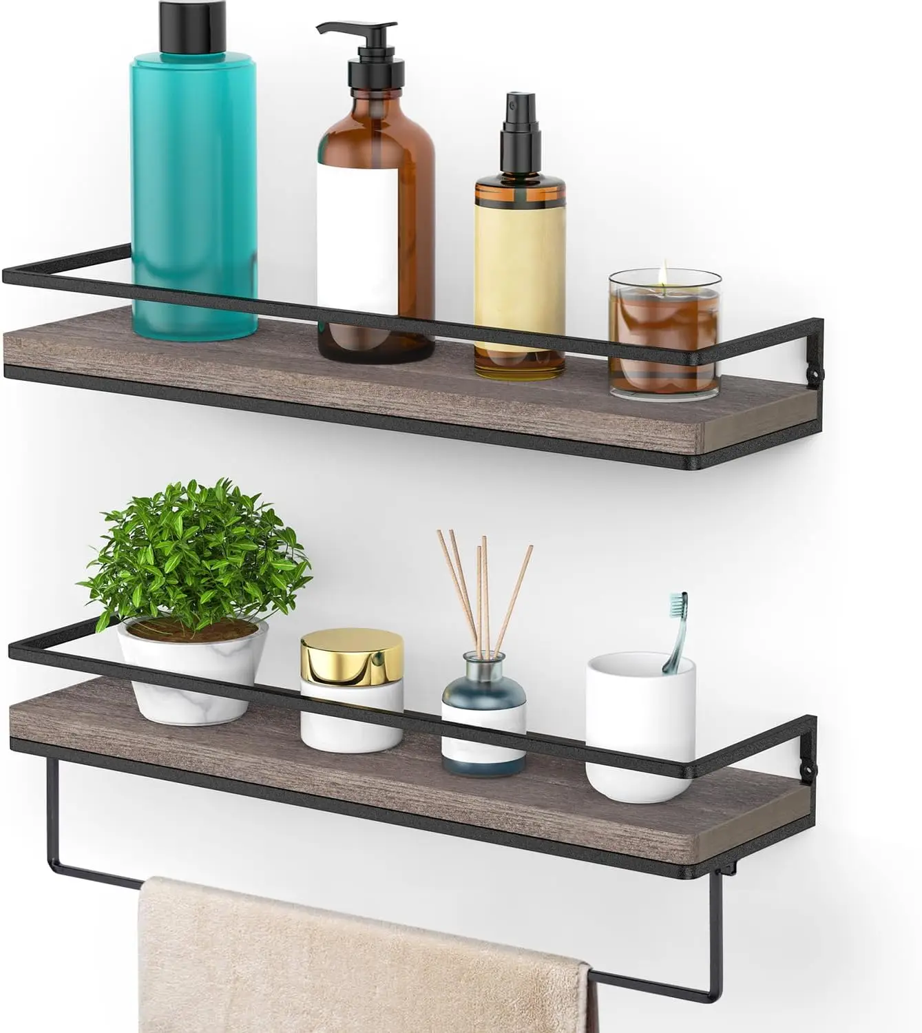 

Floating Shelves Wall Mt, Wall Shelf with Towel Bar Rustic Wood Wall Strg Shelves for Bed,Living Rm,Bath, Kit (Set 2/Brown)