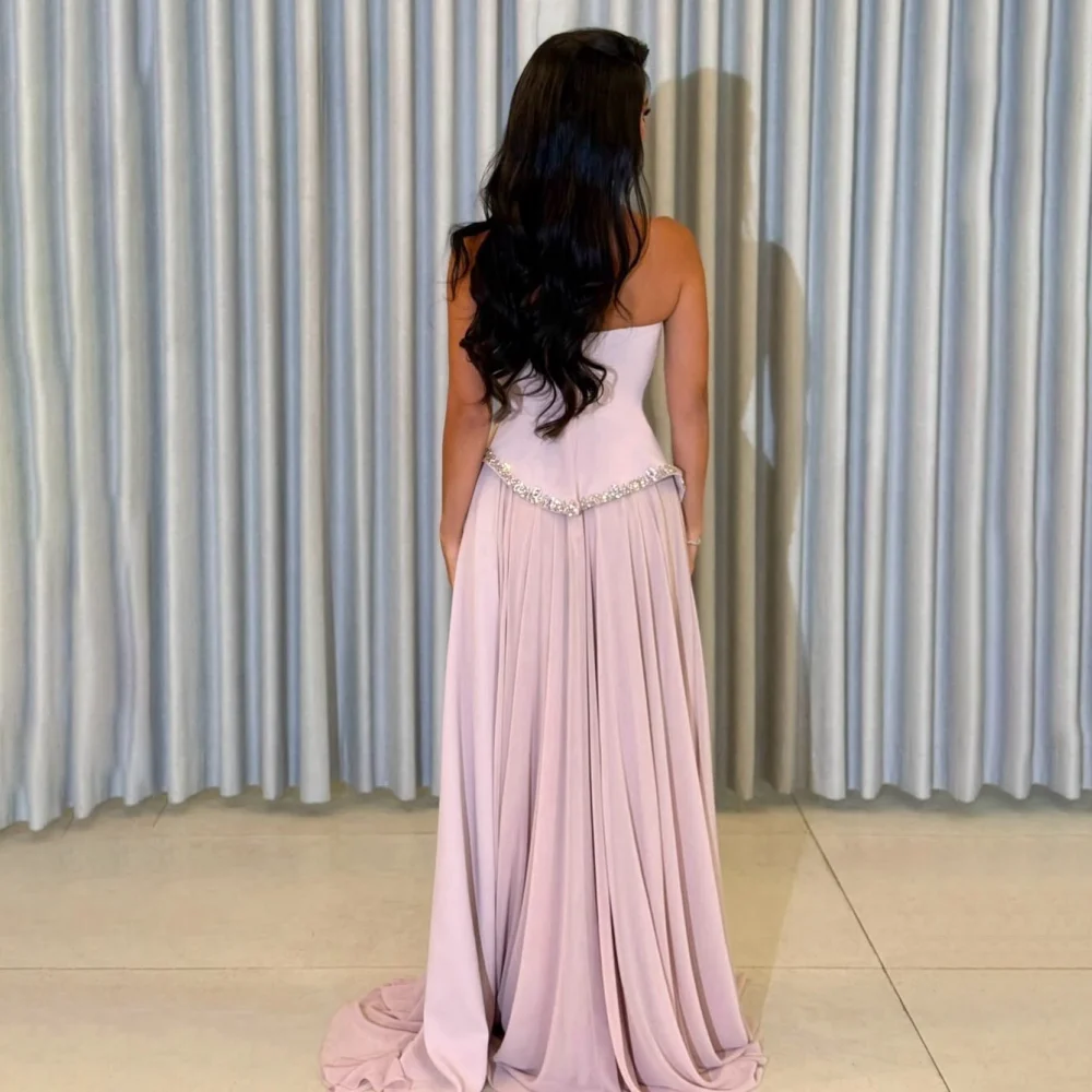 Customized Pink Strapless Sweetheart Mother Of Bride Dress Rhinestone High Split Chiffon A Line Floor Length Wedding Guest Gown