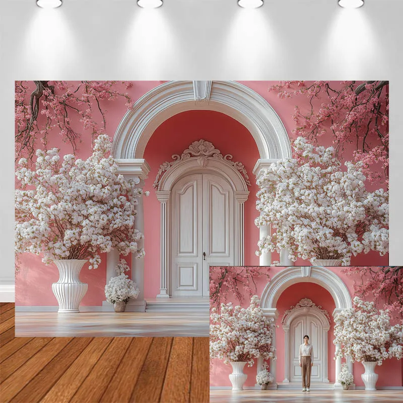 LS Photography Background Pink Wall White Arch Vase Flower Double Door Decor Wedding Adult Portrait Photo Backdrop Studio