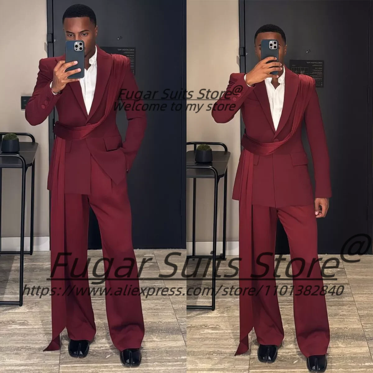 

Elegant Wine Red banquet Suits For Men Slim Fit Peak Lapel Groom Formal Tuxedos High-qublity Jacket+Loose Pants Costume Homme