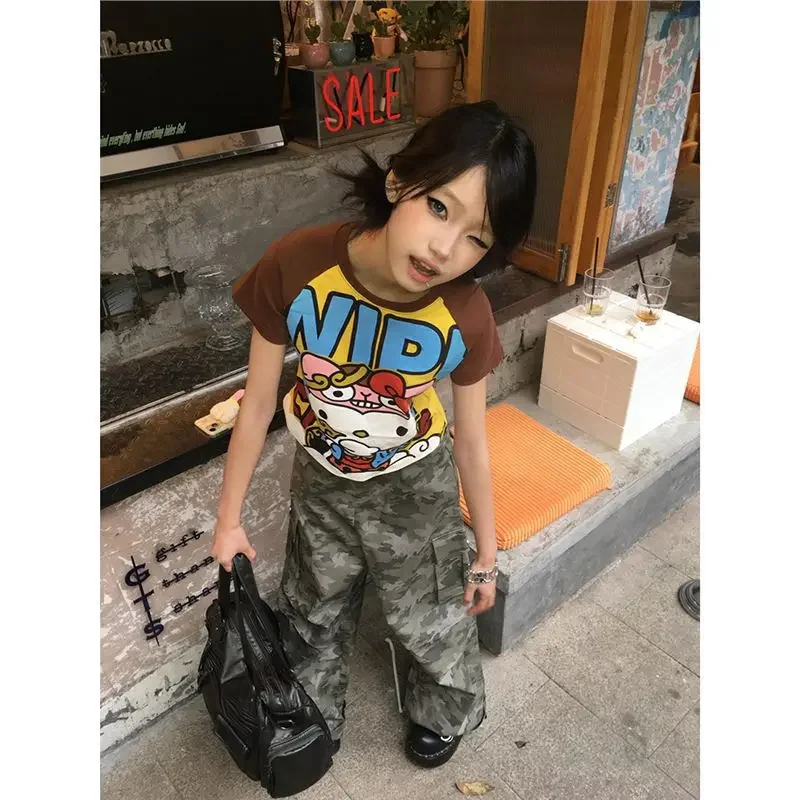 Sanrio 헬로 키티 새로운 애니메이션 패션 짧은 탑 Y2k 여름 귀여운 티셔츠 만화 프린트 하이 스트리트 고딕 반소매 티셔츠