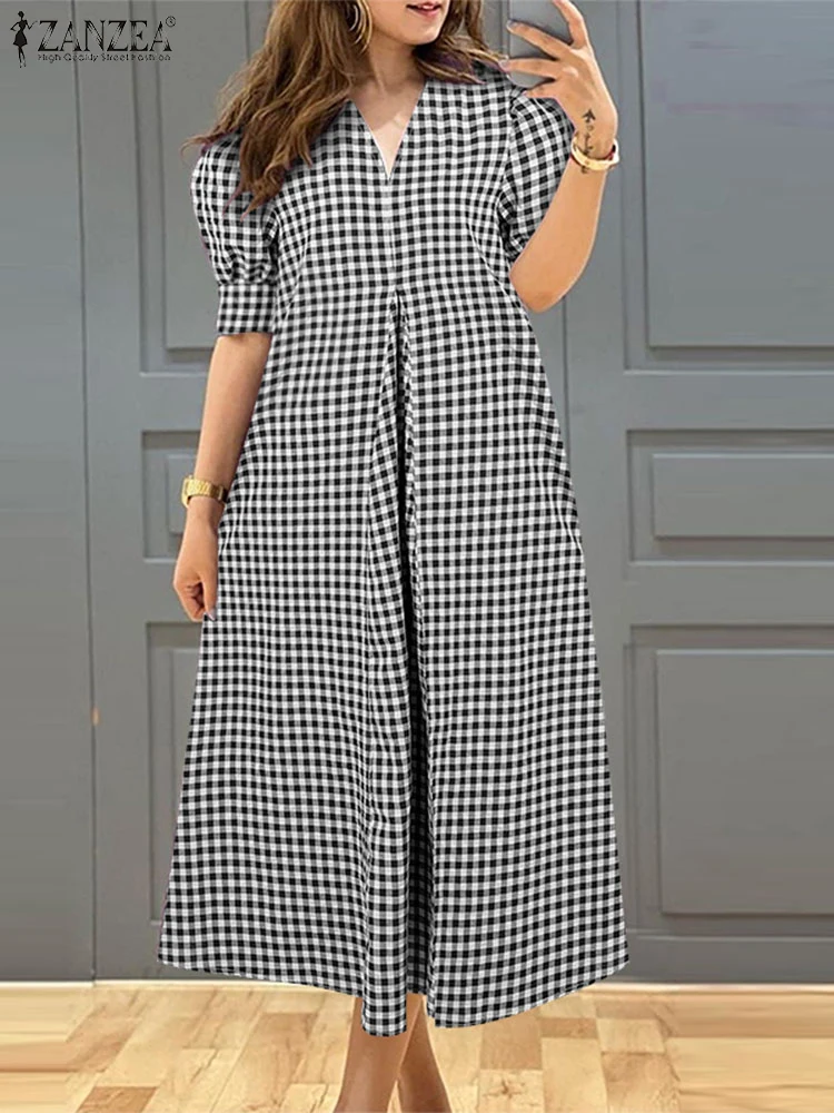 

ZANZEA 2025 Summer Puff Short Sleeve Midi Vestidos Plaid Splicing Robe V-neck Dresses Women Elegant Oversized Pleated Dresses