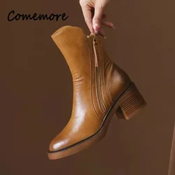 Comemore 2023 Versatile Style Retro Ankle Boots High Heels Women Fashion Boot Rubber Leather Autumn Winter New Women's Shoes 34