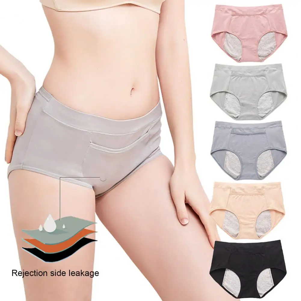 Women Menstrual Underpants with Pocket Solid Color Plus Size Soft Butt-lifted Mid Waist Seamless Elastic Period Leakproof Briefs