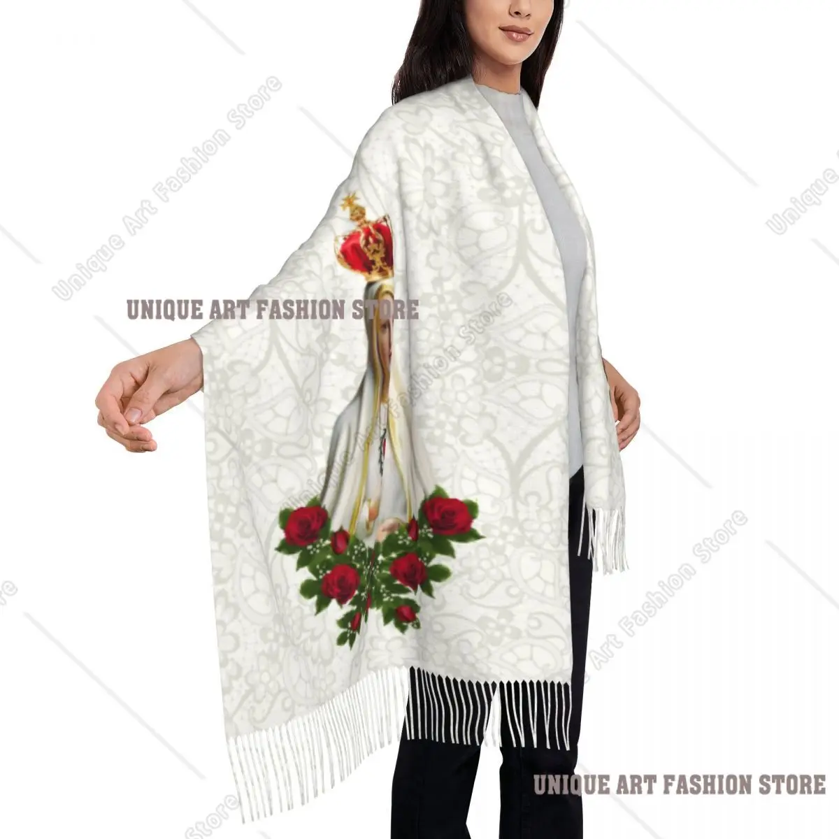 طباعة مخصصة سيدة فاطمة مريم العذراء وشاح النساء الرجال الشتاء الدافئة الأوشحة البرتغال الوردية الكاثوليكية شال التفاف
