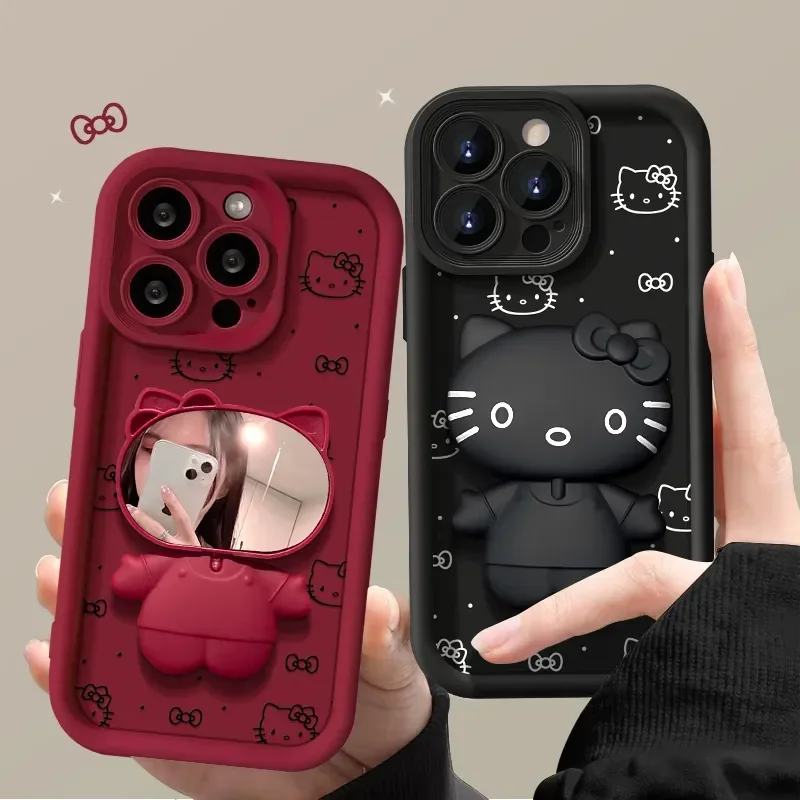 

Sanrio Hello Kitty Cartoon Mirror Bracket Silicone Case For iPhone 15 14 13 11 12 Pro Max XR XS MAX 7 8 Plus Anime Cover Gifts