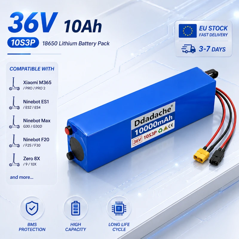 Image of 36V 10Ah 10S3P Lithium-Ionen-Akku 18650 Wiederaufladbarer Akku mit integriertem BMS für Elektroroller, Elektrofahrrad, Dreirad, DIY-Stromversorgung, 500W Motor, wasserdicht, mehrere Anschlussoptionen