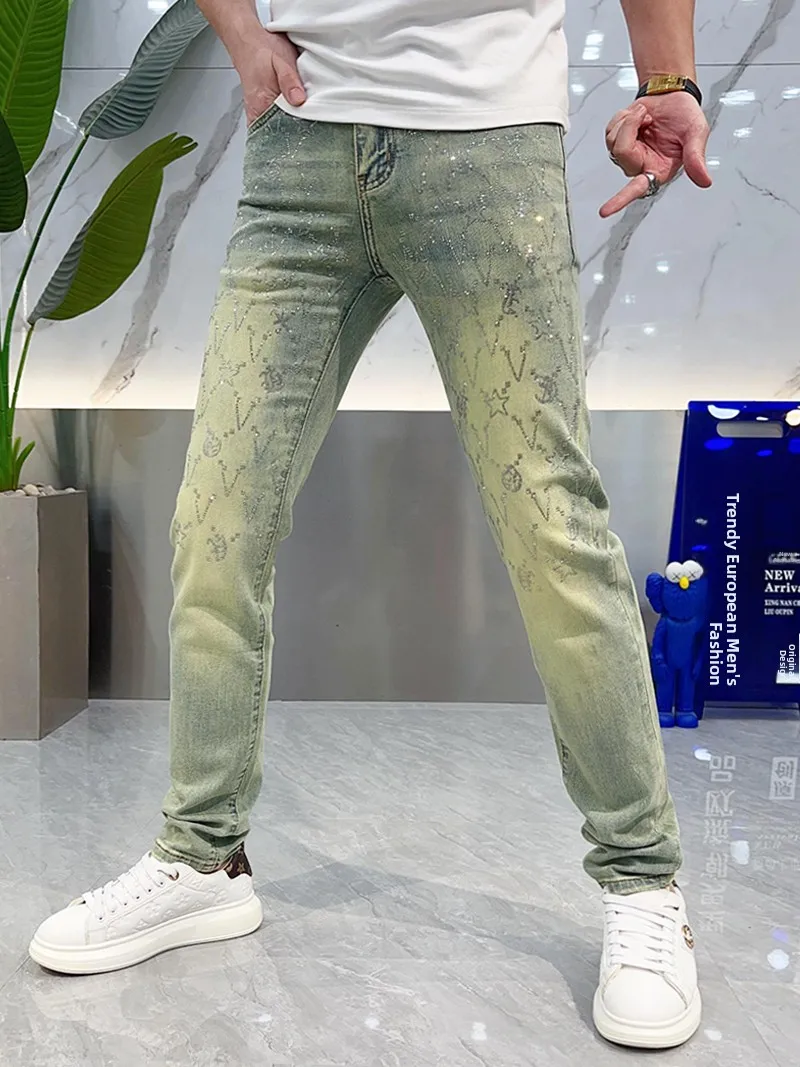 

Summer 2025 Men's Slim Fit Jeans Luxury Washed Diamond Embellished Trendy Breathable Long Pants Youth Popular Casual Wear