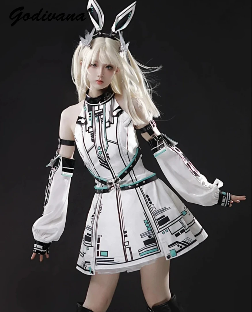 

Gothic Women's Cos Short Tank Dress with Sleeve Lolita Mechanical Style Girls Subculture Cool Rabbit Ear Sleeveless Dress Set