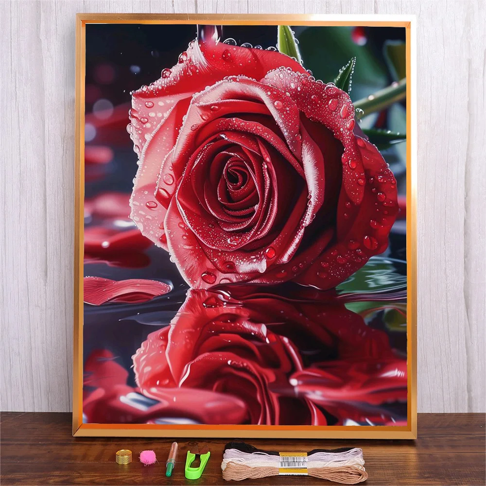 

Adults Needlework Kit Full Prints Cross Stitch Painting Set Red Rose Flowers Pattern Cross Stitch Kits Cotton Thread Embroidery