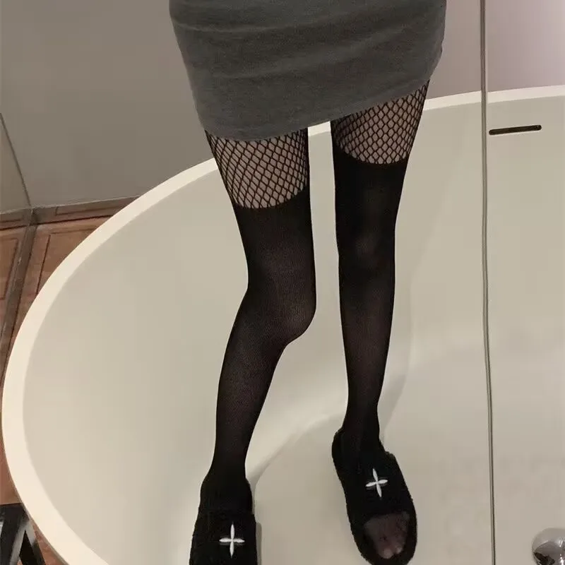 

Сексуальные чулки-ботфорты с эффектом носка, имитация высоких чулок, тонкие сетчатые чулки, комбинированные чулки, весна-лето, тонкие черные, эффект обнаженных ног