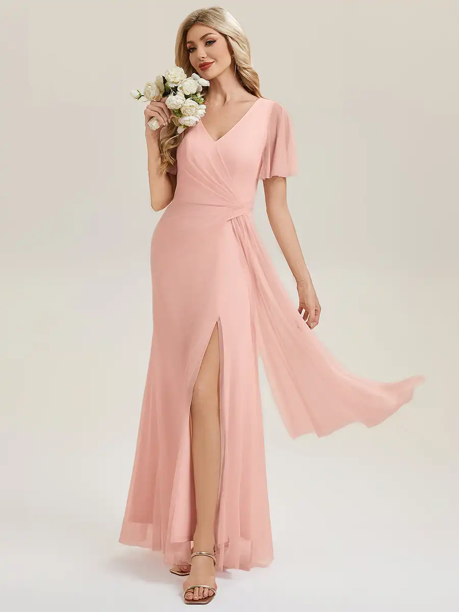 

BAZIIINGAAA Party Dress Short Sleeve Ruffle Deep V-Neck High Stretch A-Line Floor Length Bridesmaid Dresses Evening dress