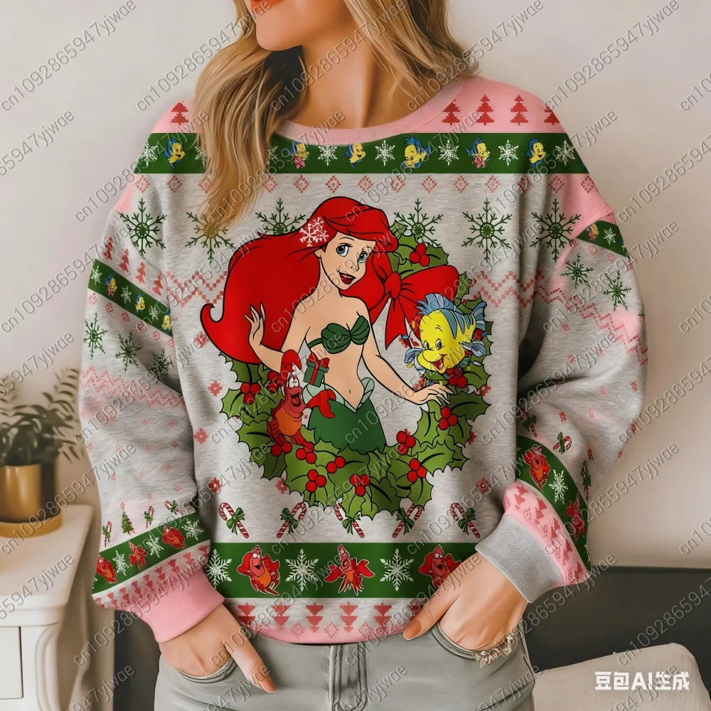 2025 عيد ميلاد سعيد ارييل ليتل ميرميد الأميرة ربيع الخريف المرأة البلوز القمم موضة زوجين هوديي البلوز