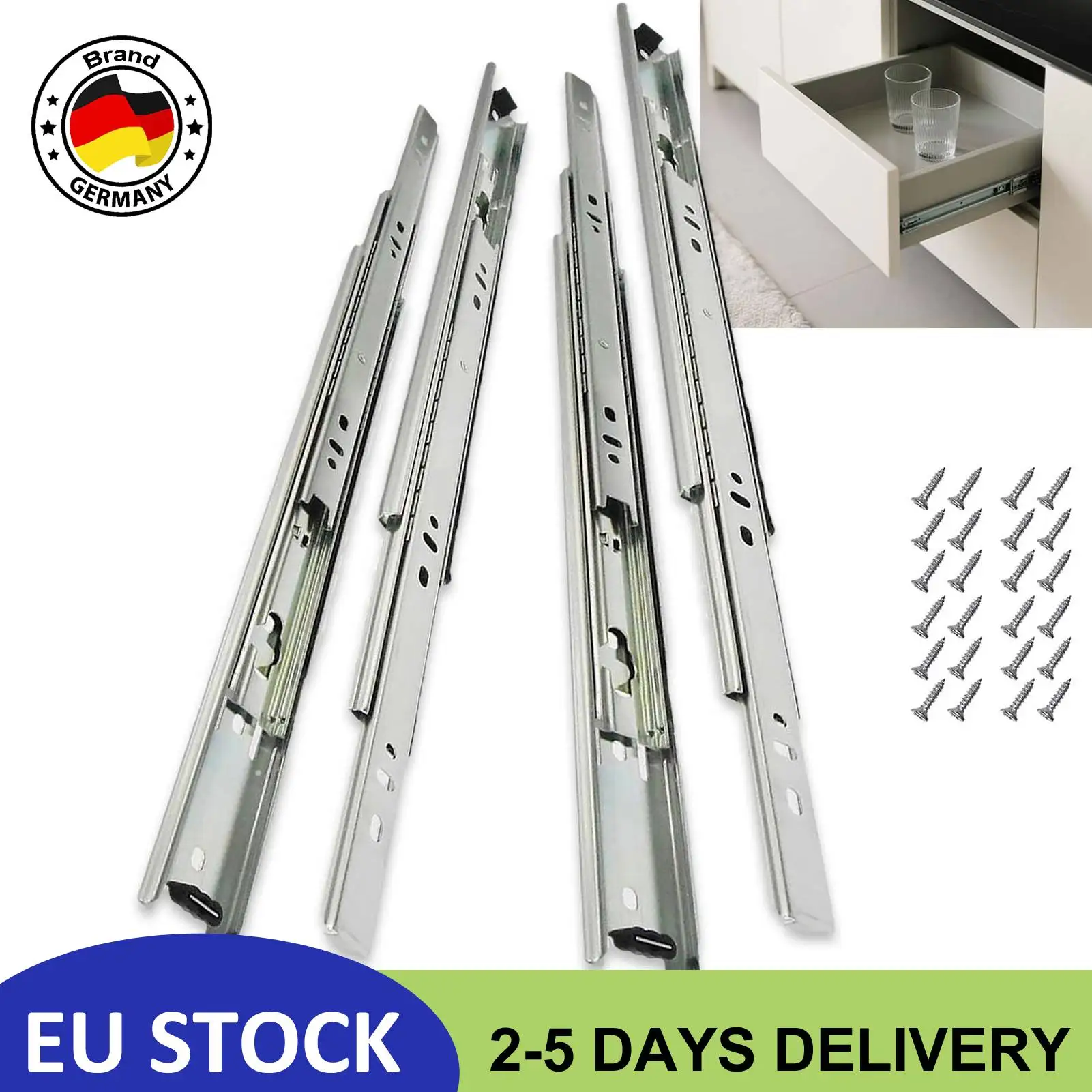 Leise Kugelführung für Schubladen, 12-20 Zoll, 35mm Breite, Kaltgewalzter Stahl, Dreifacher Vollauszug, 1/2/4er Set