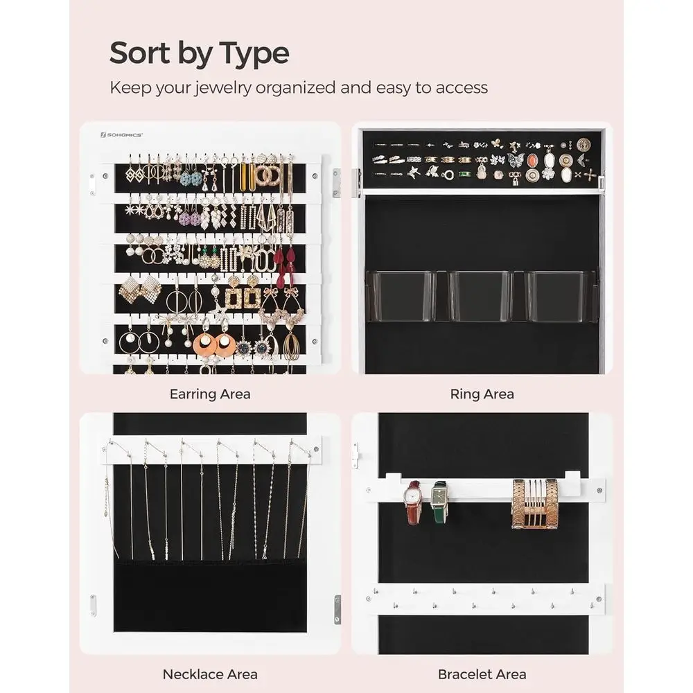 Wall-Mounted Jewelry Armoire with Lock, 2 Storage Trays, Mirror, White - Perfect Christmas Gift UJJC001W01