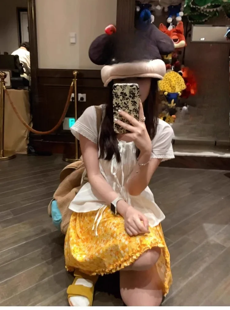 

Ezgaga Mini Skirts Women Holiday French Style Chic Ruffles Fashion Sweet Skirt Ladies Casual Floral Printed Stretch High Waist