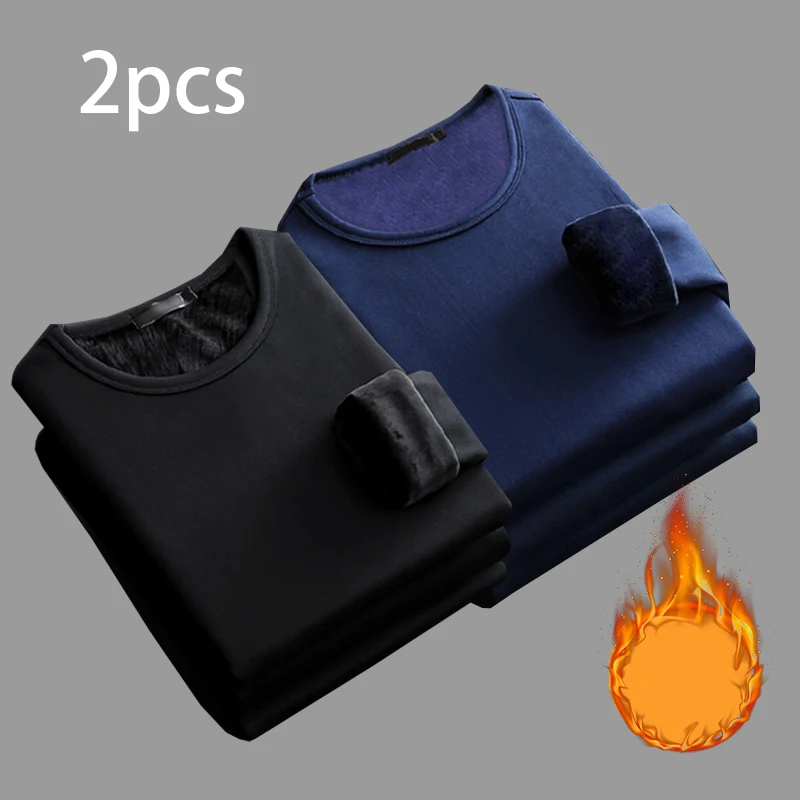 2pcs Men Thickening Velvet Warm Tops Men's Winter Long-sleeved Thermal Underwer Male Round Neck Fashion T-shirt M-5XL