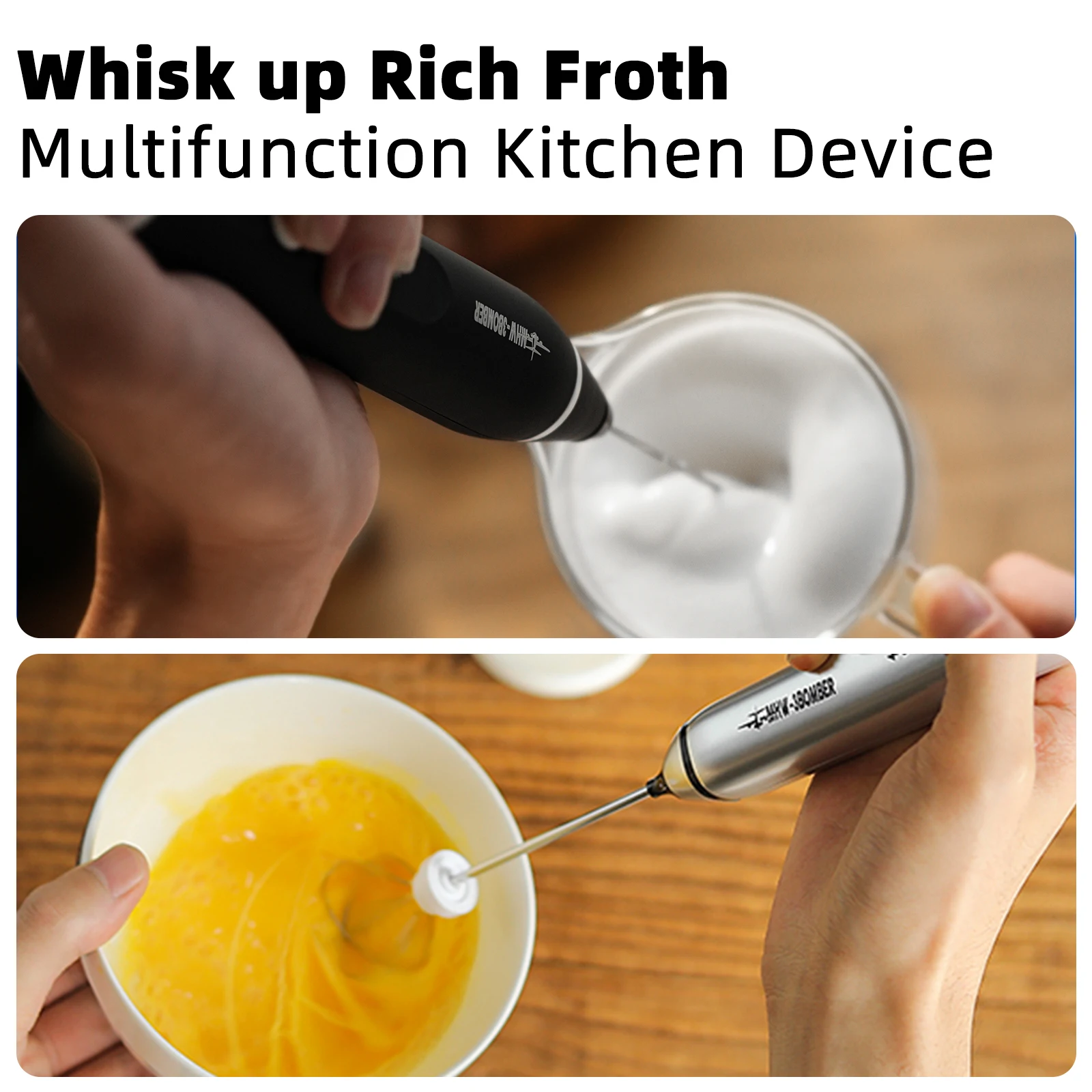 MHW-3BOMBER Electric Milk Coffee Frother for Latte Art Cappuccino Rechargeable Egg Mixer Professional Home Kitchen Accessories