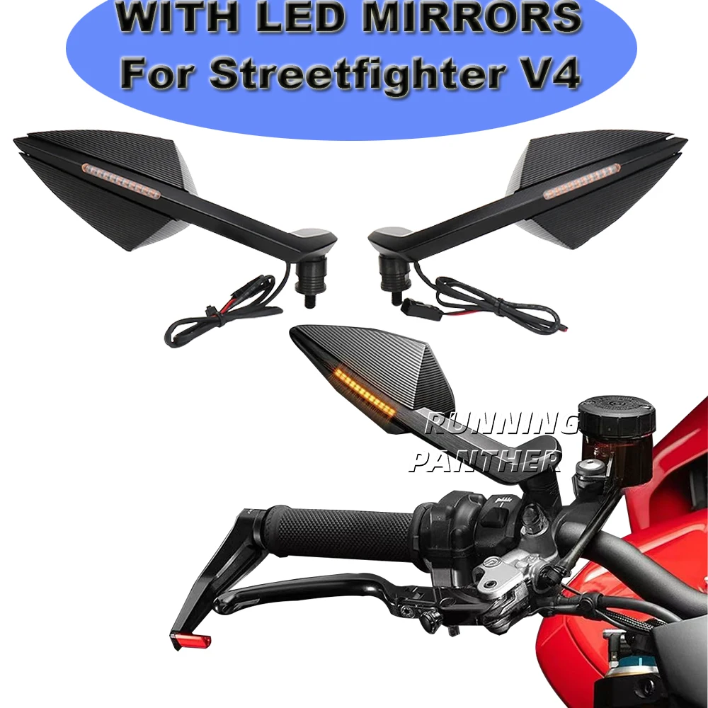 For DUCATI STREETFIGHTER V4 CNC Motorcycle Streetfighter V4 Integrated Turn Signal Mirrors Rearview Mirror With LED Light