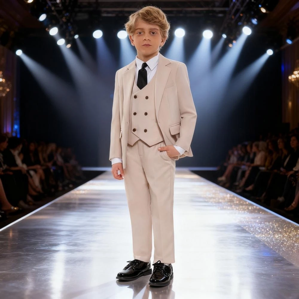 

Elegant Beige Boys' Slim Fit Suits 4 Pieces For Photography Spring Autumn Kids Suit Set Wedding Ring Bearer Outfit 3-14T