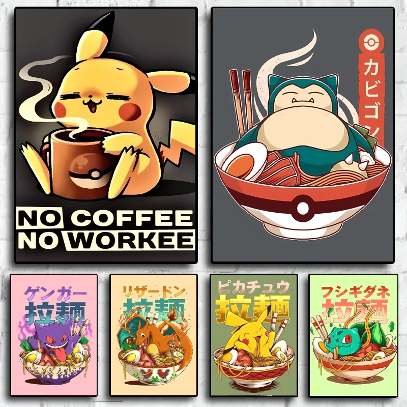 

Canvas HD Prints Pokemon Pikachu Snorlax Poster Eating Noodles Cartoon Picture Modern Home Living Room Decor Children Gifts