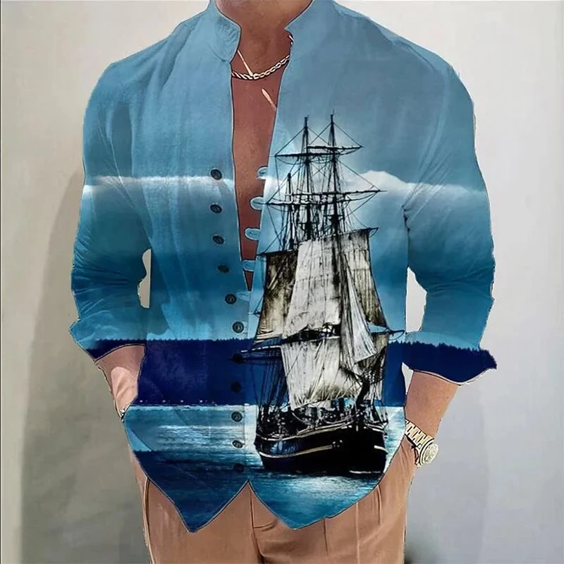 Vintage Sailboat Shirts Men Fashion Casual Single Breasted Shirt Male Outdoor Standing Collar Long Sleeve Tops Homme Camisas