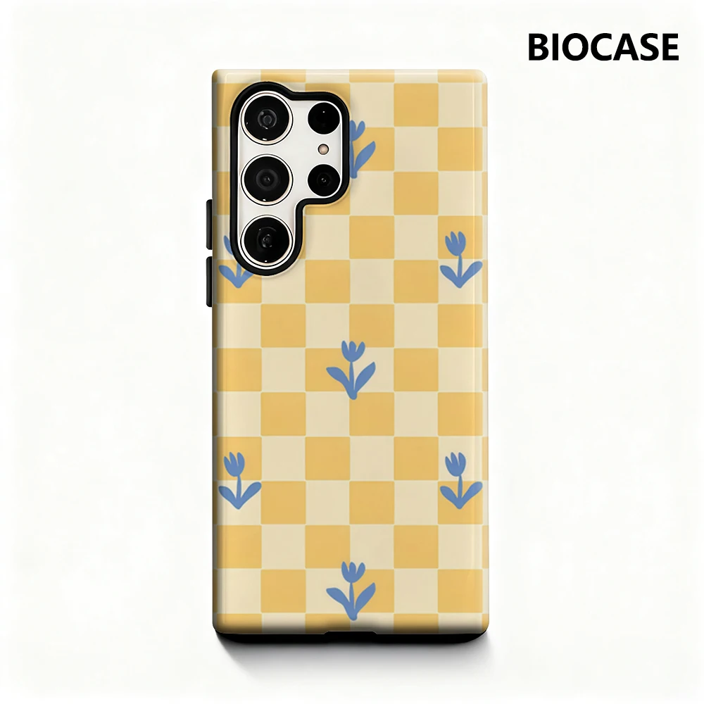 Blaue Blumen, gelbes Schachbrett-Handyhülle für Samsung Galaxy S25 Ultra S24 S23 Ultra Plus, glänzende doppellagige Rückseite