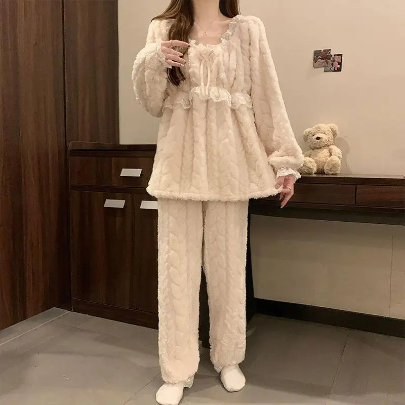 

Pajama Girl's Nightgown Sleepwear Two Piece Set Sweet Women's Homeclothes Flannel Coral Fleece Thickened Homewear Autumn Winter