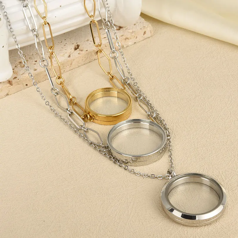 1Pc Stainless Steel Trendy Round Medaillon Coin Bezel Pendant Collares DIY Glass Living Floating Locket Women Necklaces Jewelry