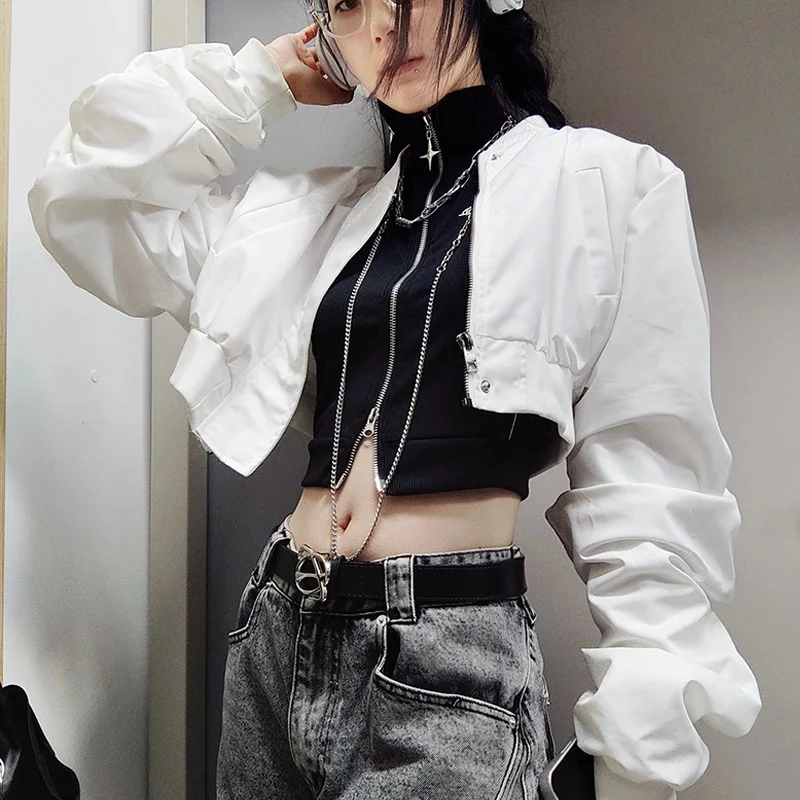 

New Spring Autumn Harajuku Rock Punk Gothic Long Sleeve White Hot Girl Fashion Double Zippered Camisole Vest Coat Suit