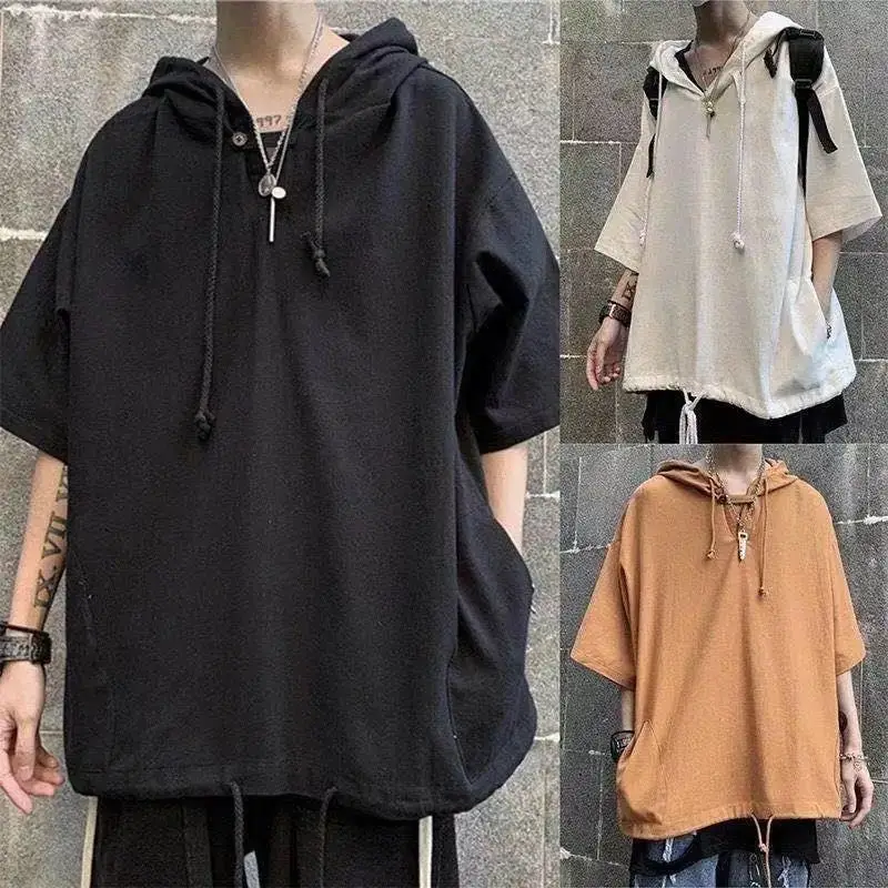 Men\'s Harajuku Pockets Patchwork T Shirts Summer New Short Sleeve Loose Hooded Solid Drawstring Tops Trend Casual Men Clothing