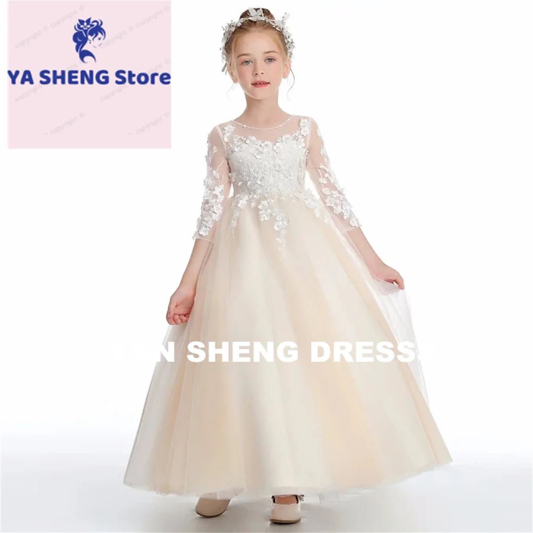 Customized Flower Girl Dresses Champagne Tulle 3D Appliques Flowers 3/4 Sleeve For Wedding Birthday Party First Communion Gowns