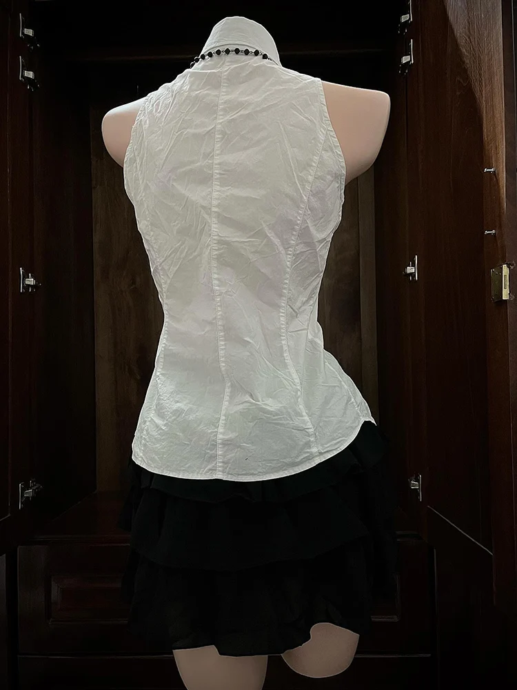 Top da donna vintage bianco Svel irt slim fit con cuciture in vita e pieghe, da pendolarismo, in fibra di poliestere Faion coreana