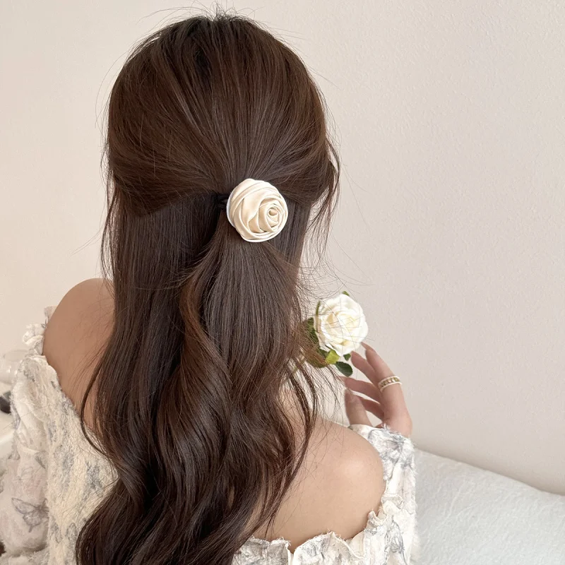 Ikat Rambut Satin Mawar Romantis~Aksesoris Rambut Mewah Ikat Rambut Elastis Tinggi untuk Wanita
