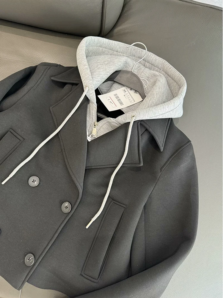 Veste courte polyvalente à double boutonnage pour femmes, manteau épissé à capuche, haut à manches longues, fermeture éclair, vêtements d'automne et d'hiver, nouveau, 2024