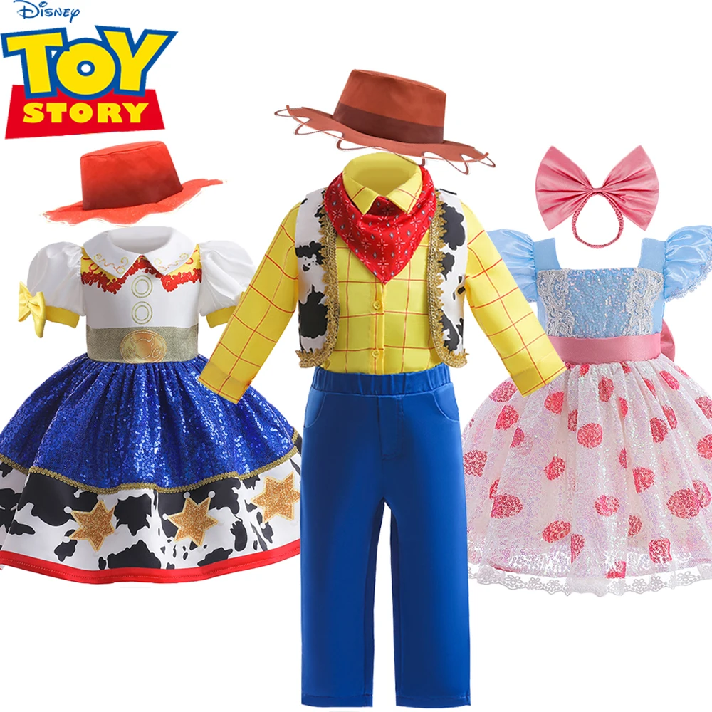 Disfraz de Woody de Disney Toy Story 4 para niños, disfraz de Jessie BoPeep, conjunto de vestido para fiesta de Halloween, traje para actuación en escenario