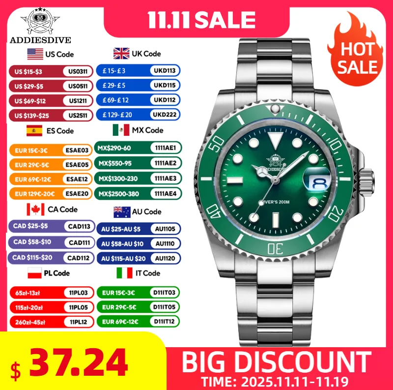 ADDIESDIVE 41mm Men's Quartz Watch 200m Waterproof Luminous Date Ceramic Bezel Stainless Steel Wristwatch Luxury Watch For Men