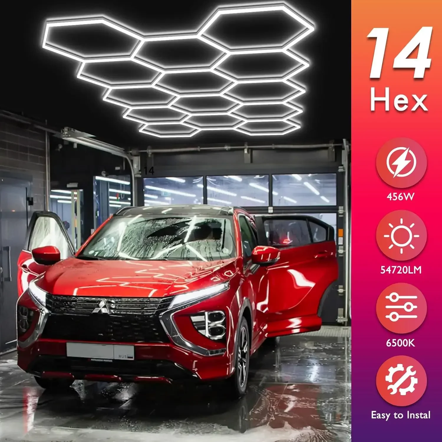 Hexagon Garage Lights, LED Honeycomb Garage Lights, 456W, 54720LM, 6500K Super Bright, 14 Grid Systems Car Detailing Lighting fo