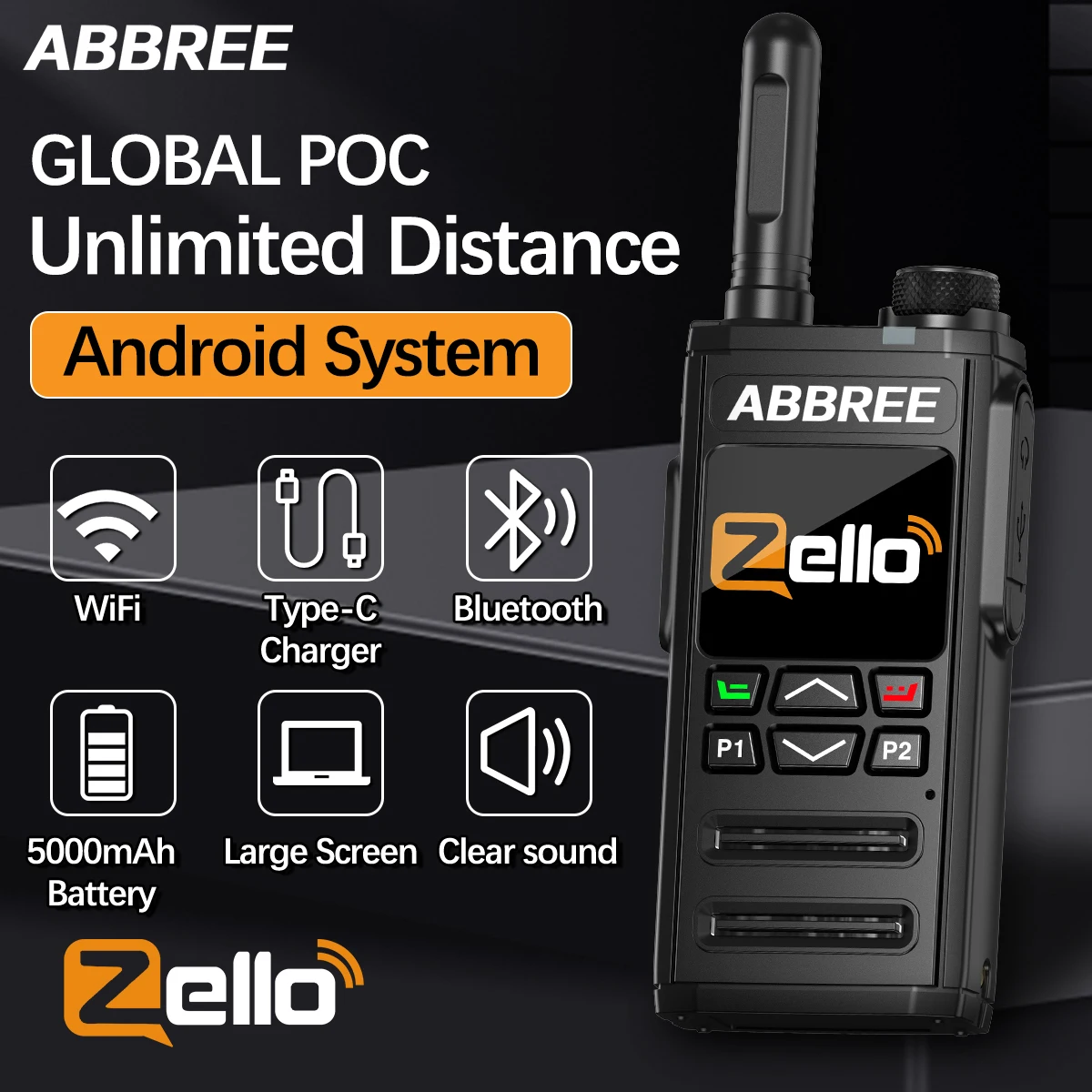 ABBREE GP-268 Network Walkie Talkie Zello Global POC Radio Wireless Unlimited distance SIM Card 4G Android Bluetooth Ham Radio