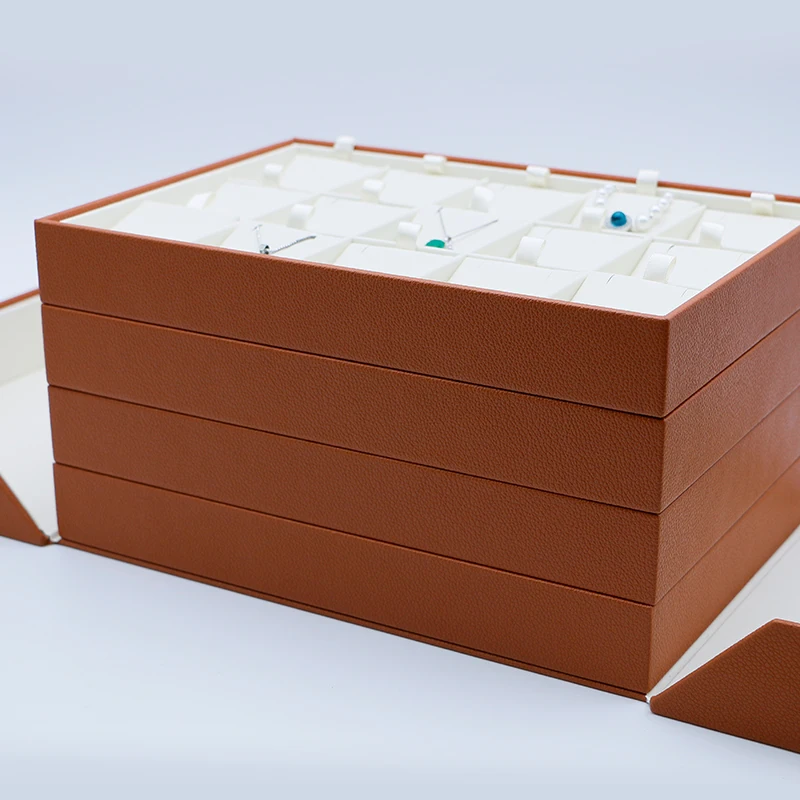 بو الجلود والمجوهرات صندوق سفر متعدد الطبقات الخشب مجوهرات المنظم حالات عرض المجوهرات المخصصة #2