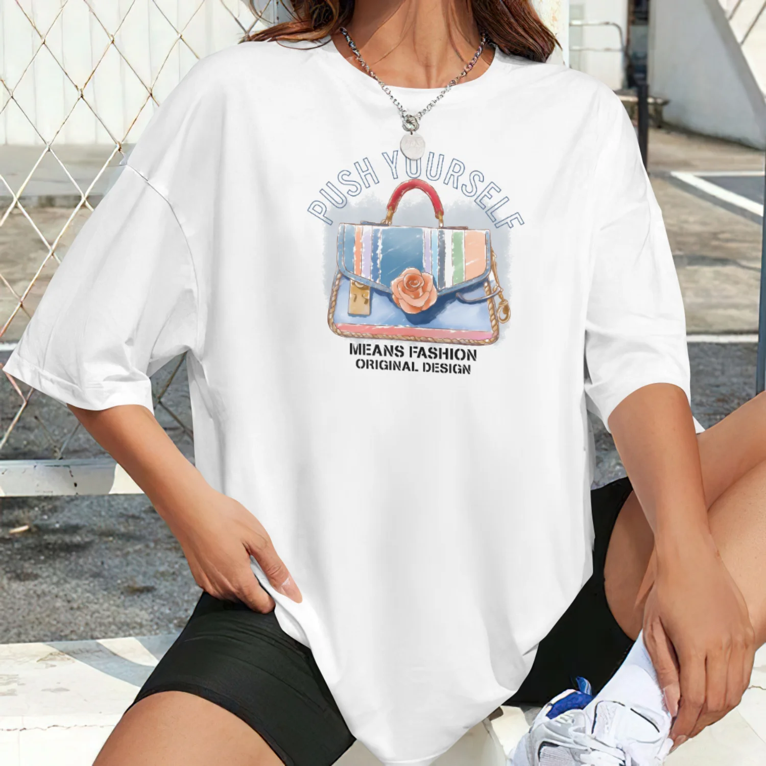 Push Yourself Bag Retro Graphic Tees Hippie Boho Aesthetic T Shirt Cute Summer Short Sleeve Women's T-Shirt Female Clothing