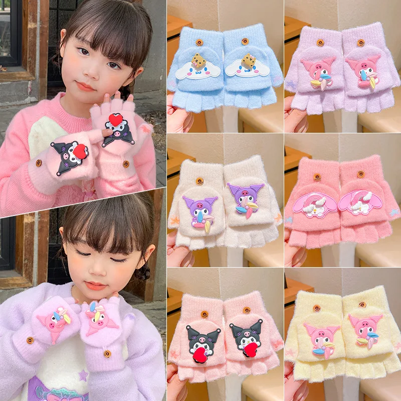 

Sanrio Melody Kuromi Golves Women Kawaii Cartoon Warm Flap Open Half Finger Hello Kitty Y2k Knitted Coldproof Children Gloves