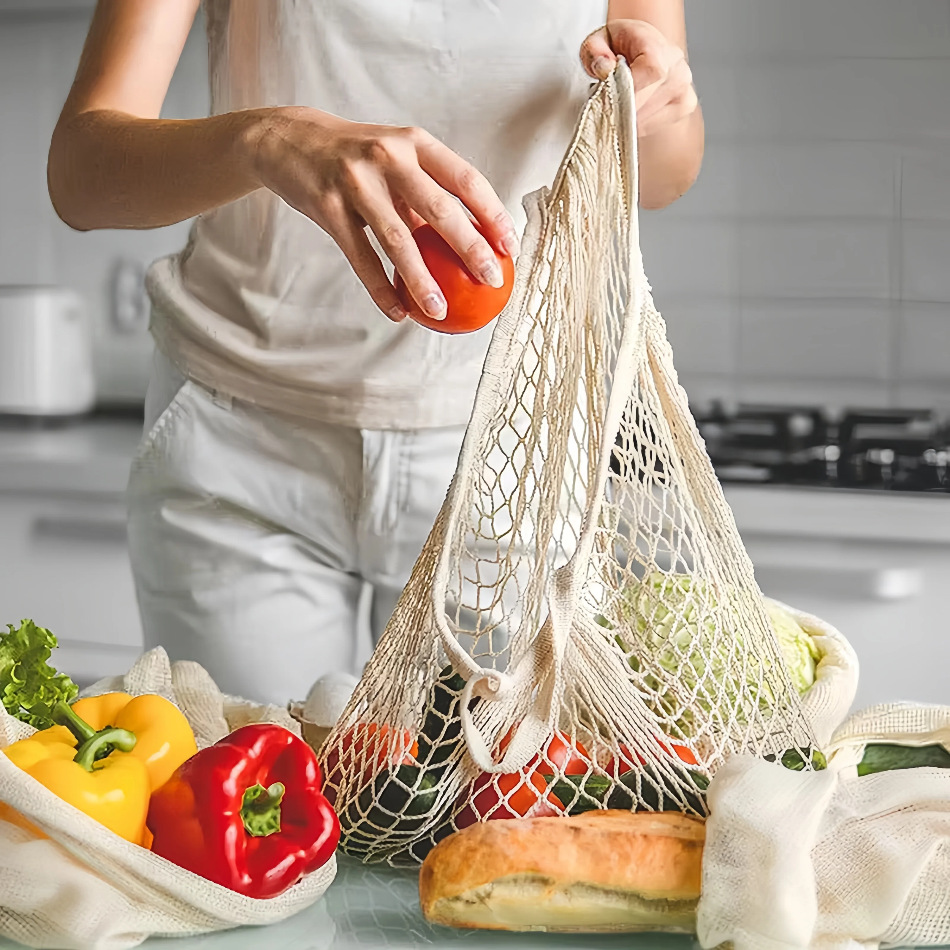 Reusable Produce Bag - 1/2 قطعة من أكياس الشبكة القطنية