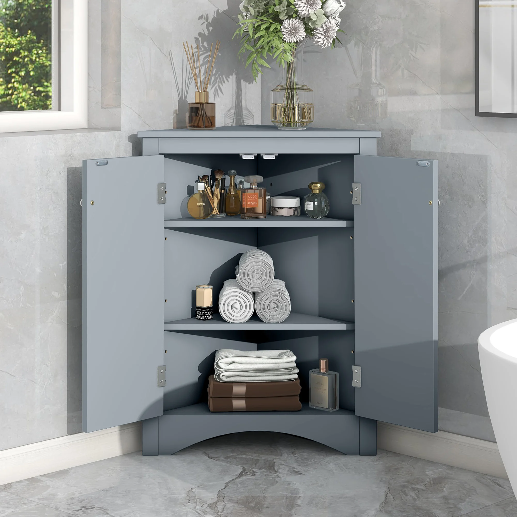 

Modern Corner Storage Cabinet With Adjustable Shelves 2 Doors Triangle Freestanding Floor Cabinet For Bath Room Living Room